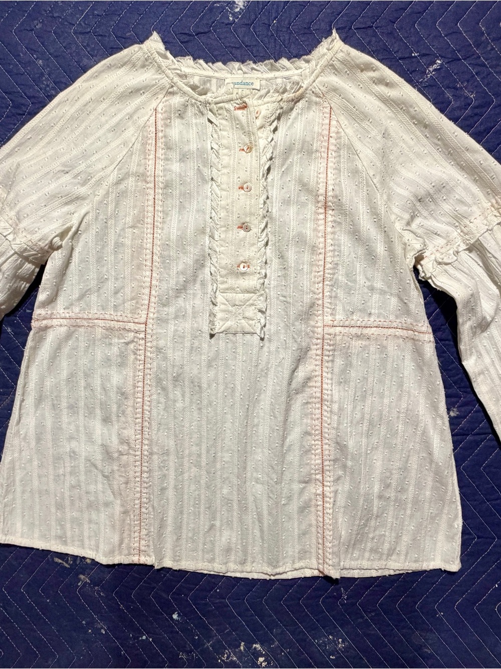 Sundance Cream colored Cotton Swiss Dot Henley Blouse Boho Orange Embroidered S